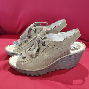 Fly London taupe leather lace up wedge peep toe shoes